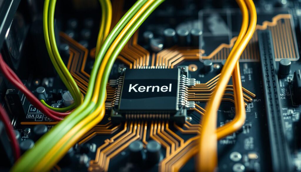 A close-up view of a computer motherboard with a prominent, intricately designed microprocessor labeled "Kernel" in the center. In the foreground, vibrant wires and circuits intertwine, showcasing a blend of green and gold colors that represent stability and efficiency. The middle layer features a focused light source casting soft shadows over the components, emphasizing their textures and details. In the background, a faint outline of a digital display shows a graph illustrating stability, slightly blurred to keep the focus on the motherboard. The atmosphere is tech-savvy and professional, with a clean, modern aesthetic that reflects the importance of selecting the right kernel track in Linux systems. The lighting is bright and even, highlighting the precision of the hardware. A close-up view of a computer motherboard with a prominent, intricately designed microprocessor labeled "Kernel" in the center. In the foreground, vibrant wires and circuits intertwine, showcasing a blend of green and gold colors that represent stability and efficiency. The middle layer features a focused light source casting soft shadows over the components, emphasizing their textures and details. In the background, a faint outline of a digital display shows a graph illustrating stability, slightly blurred to keep the focus on the motherboard. The atmosphere is tech-savvy and professional, with a clean, modern aesthetic that reflects the importance of selecting the right kernel track in Linux systems. The lighting is bright and even, highlighting the precision of the hardware.