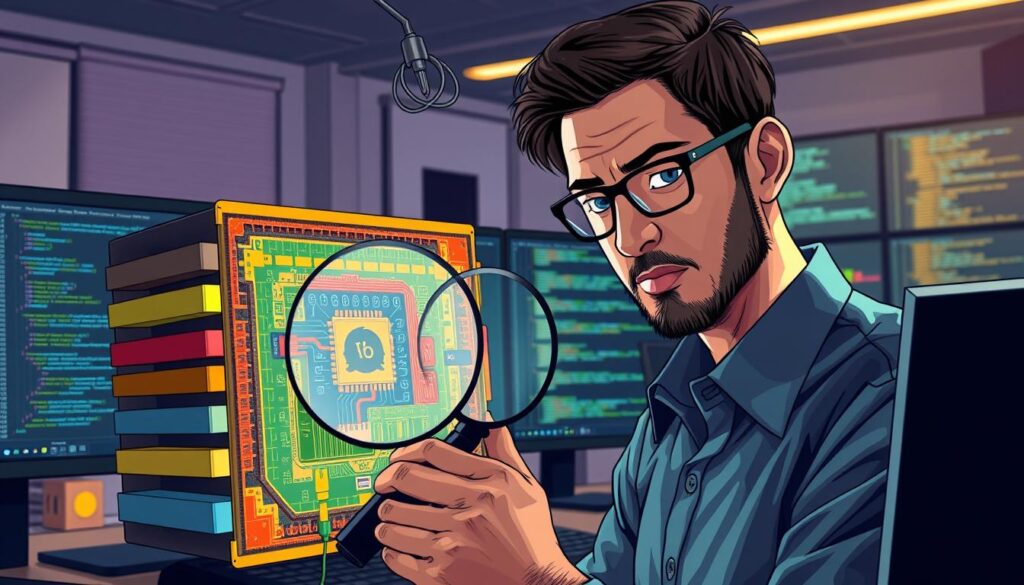 A detailed and vibrant illustration of a computer engineer examining a highly detailed cross-section of a Linux kernel. In the foreground, the engineer, dressed in professional attire, is focused and engaged, using a magnifying glass to inspect the intricate layers of the kernel, showcasing various essential components like memory management, process scheduling, and file systems. The middle ground features a stylized representation of the Linux kernel architecture with colorful graphics, highlighting its modularity and complexities. The background has a modern tech workspace with multiple monitors displaying code and system metrics, bathed in soft, ambient lighting to create a thoughtful and analytical atmosphere. The entire scene is captured from a slightly elevated angle to emphasize both the engineer’s expression and the complexity of the kernel. A detailed and vibrant illustration of a computer engineer examining a highly detailed cross-section of a Linux kernel. In the foreground, the engineer, dressed in professional attire, is focused and engaged, using a magnifying glass to inspect the intricate layers of the kernel, showcasing various essential components like memory management, process scheduling, and file systems. The middle ground features a stylized representation of the Linux kernel architecture with colorful graphics, highlighting its modularity and complexities. The background has a modern tech workspace with multiple monitors displaying code and system metrics, bathed in soft, ambient lighting to create a thoughtful and analytical atmosphere. The entire scene is captured from a slightly elevated angle to emphasize both the engineer’s expression and the complexity of the kernel.