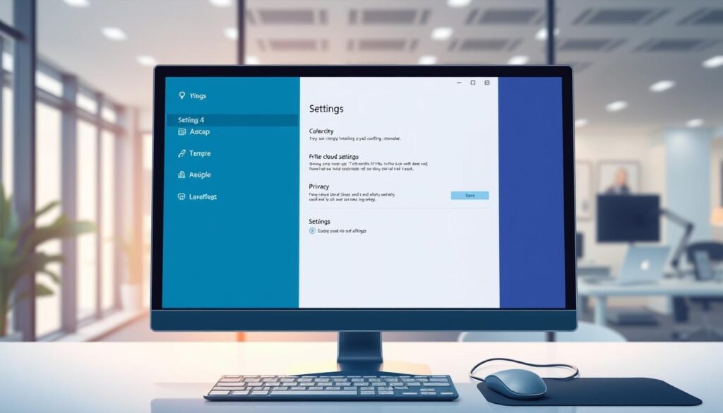 A detailed illustration of the Windows Settings interface, showcasing a configuration screen aimed at minimizing cloud sharing. In the foreground, a sleek computer monitor displays the Windows Settings window, with options for "Privacy" and "Sync settings" prominently highlighted. The middle layer features a clean and modern workspace with a stylish keyboard and mouse, reflecting a professional environment. The background includes soft ambient lighting to create a focused atmosphere, with hints of a contemporary office setting visible through a glass window. The overall mood is calm and productive, conveying the importance of privacy and personal control over data in a digital workspace. A detailed illustration of the Windows Settings interface, showcasing a configuration screen aimed at minimizing cloud sharing. In the foreground, a sleek computer monitor displays the Windows Settings window, with options for "Privacy" and "Sync settings" prominently highlighted. The middle layer features a clean and modern workspace with a stylish keyboard and mouse, reflecting a professional environment. The background includes soft ambient lighting to create a focused atmosphere, with hints of a contemporary office setting visible through a glass window. The overall mood is calm and productive, conveying the importance of privacy and personal control over data in a digital workspace.
