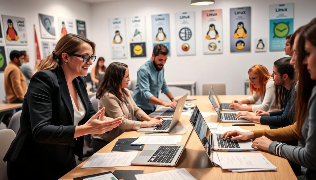 A diverse group of individuals gathered around a large table filled with laptops and documents, engaged in a collaborative discussion about Linux distributions. In the foreground, a woman in professional business attire is leaning forward, animatedly sharing ideas with a man in smart casual clothing, both illustrating a sense of community support. In the middle, other participants are seen reviewing code and helping each other troubleshoot installation issues, their faces reflecting concentration and encouragement. The background shows a bright, open workspace with posters of various Linux distributions adorning the walls, creating an inspiring atmosphere. Soft, diffused lighting casts a warm glow over the scene, enhancing the sense of camaraderie and teamwork. The angle captures the group's interaction from a slightly elevated perspective, emphasizing their collaborative spirit.