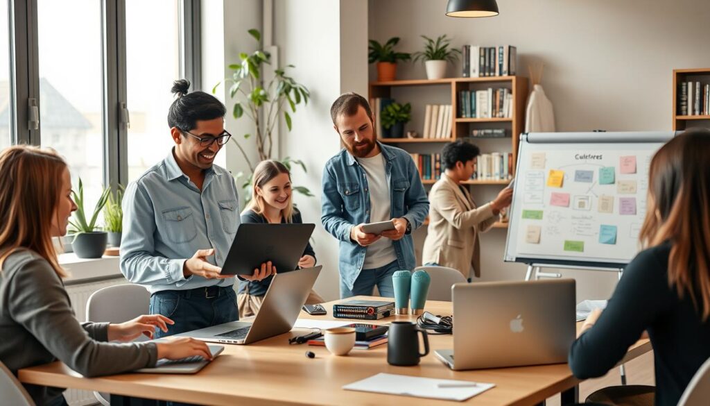 A diverse group of individuals in a modern, inviting co-working space, collaborating on laptop computers and tech gadgets to represent a support community for beginner-friendly Linux users. The foreground features two professionals, one Asian woman and one Black man, discussing ideas with enthusiasm, each dressed in smart casual attire. In the middle-ground, a European woman is seated at a table, looking up Linux documentation on her laptop, while another group is gathered around a whiteboard filled with colorful notes and charts. The background shows a large window with warm, natural light streaming in, plants on the windowsill, and bookshelves filled with tech books. The atmosphere is friendly, nurturing, and focused, conveying a sense of support and shared learning. Soft lighting highlights the team's collaborative spirit. A diverse group of individuals in a modern, inviting co-working space, collaborating on laptop computers and tech gadgets to represent a support community for beginner-friendly Linux users. The foreground features two professionals, one Asian woman and one Black man, discussing ideas with enthusiasm, each dressed in smart casual attire. In the middle-ground, a European woman is seated at a table, looking up Linux documentation on her laptop, while another group is gathered around a whiteboard filled with colorful notes and charts. The background shows a large window with warm, natural light streaming in, plants on the windowsill, and bookshelves filled with tech books. The atmosphere is friendly, nurturing, and focused, conveying a sense of support and shared learning. Soft lighting highlights the team's collaborative spirit.