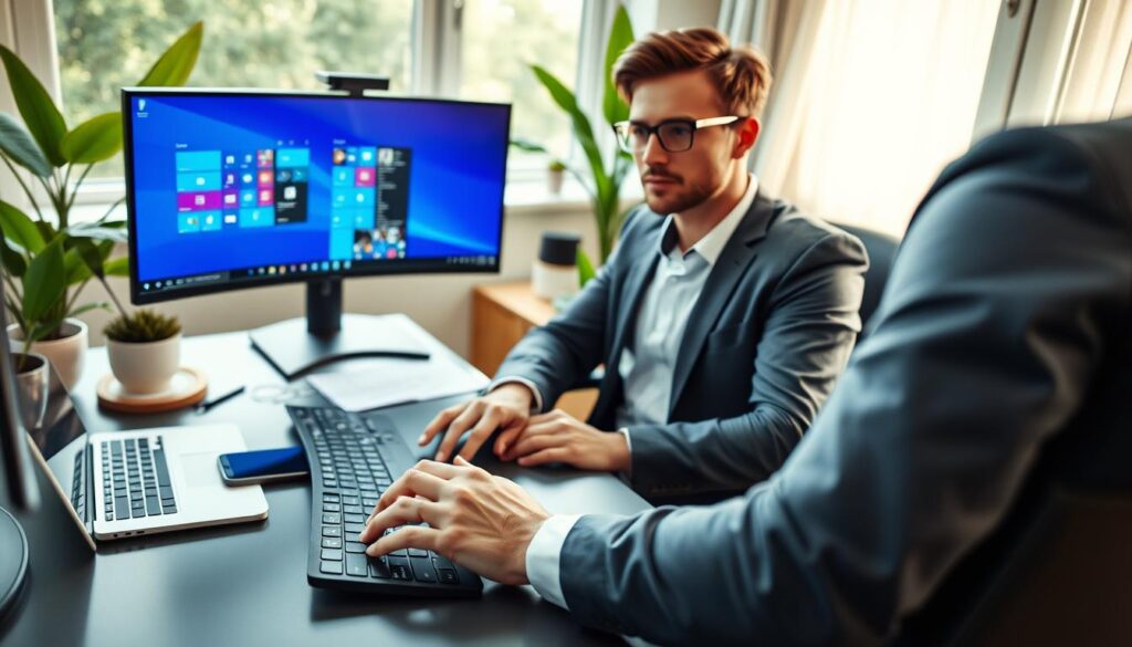 A focused and productive home office scene featuring a professional individual in smart casual attire, seated at a sleek desk with dual monitors displaying vibrant Windows operating system interfaces. In the foreground, a hand is interacting with a keyboard. The middle ground shows a well-organized workspace with a laptop, smartphone, and notepad, reflecting a balanced approach to technology and productivity. In the background, soft natural light streams through a window, illuminating green plants and adding warmth to the atmosphere. The overall mood conveys efficiency and control, suggesting a seamless user experience with a secure and fast Windows guest OS. Use a high-angle perspective to capture the entire workspace composition, enhanced by subtle, soft shadows for depth. A focused and productive home office scene featuring a professional individual in smart casual attire, seated at a sleek desk with dual monitors displaying vibrant Windows operating system interfaces. In the foreground, a hand is interacting with a keyboard. The middle ground shows a well-organized workspace with a laptop, smartphone, and notepad, reflecting a balanced approach to technology and productivity. In the background, soft natural light streams through a window, illuminating green plants and adding warmth to the atmosphere. The overall mood conveys efficiency and control, suggesting a seamless user experience with a secure and fast Windows guest OS. Use a high-angle perspective to capture the entire workspace composition, enhanced by subtle, soft shadows for depth.