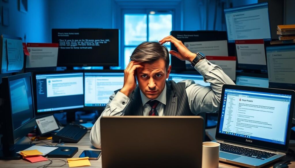 A frustrated individual sitting at a cluttered desk, surrounded by multiple computer monitors displaying error messages and pop-up notifications typical of a Windows environment. The person, dressed in smart casual attire, has a perplexed expression, rubbing their temples in exasperation. In the foreground, a laptop running a Linux distribution is open, contrasting with the Windows chaos. The middle ground features scattered sticky notes and a coffee cup, emphasizing the hectic atmosphere. In the background, a window reveals a dimly lit workspace, illuminated by the glow of the screens, casting a blue hue over the scene. The overall mood is one of confusion and frustration, capturing the essence of the challenges faced by beginners transitioning from Windows to Linux. A frustrated individual sitting at a cluttered desk, surrounded by multiple computer monitors displaying error messages and pop-up notifications typical of a Windows environment. The person, dressed in smart casual attire, has a perplexed expression, rubbing their temples in exasperation. In the foreground, a laptop running a Linux distribution is open, contrasting with the Windows chaos. The middle ground features scattered sticky notes and a coffee cup, emphasizing the hectic atmosphere. In the background, a window reveals a dimly lit workspace, illuminated by the glow of the screens, casting a blue hue over the scene. The overall mood is one of confusion and frustration, capturing the essence of the challenges faced by beginners transitioning from Windows to Linux.