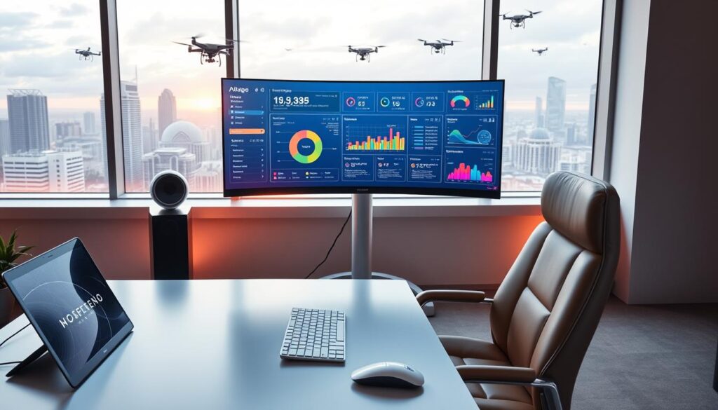 A futuristic computer setup in a sleek, modern workspace, featuring a large ultra-wide curved monitor displaying advanced analytics and workflow dashboards in bright, vibrant colors. The foreground shows a minimalist desk with a transparent keyboard and an ergonomic mouse, alongside a tablet displaying virtual project designs. The middle ground includes a comfortable, stylish office chair in soft leather. In the background, a large window reveals a cityscape with high-tech buildings and drones flying in the sky, enhancing the cutting-edge atmosphere. Soft ambient lighting casts warm tones across the setup, emphasizing a productive mood. The scene captures a sense of readiness for future computing needs, showcasing cutting-edge technology and innovation. No human figures present. A futuristic computer setup in a sleek, modern workspace, featuring a large ultra-wide curved monitor displaying advanced analytics and workflow dashboards in bright, vibrant colors. The foreground shows a minimalist desk with a transparent keyboard and an ergonomic mouse, alongside a tablet displaying virtual project designs. The middle ground includes a comfortable, stylish office chair in soft leather. In the background, a large window reveals a cityscape with high-tech buildings and drones flying in the sky, enhancing the cutting-edge atmosphere. Soft ambient lighting casts warm tones across the setup, emphasizing a productive mood. The scene captures a sense of readiness for future computing needs, showcasing cutting-edge technology and innovation. No human figures present.