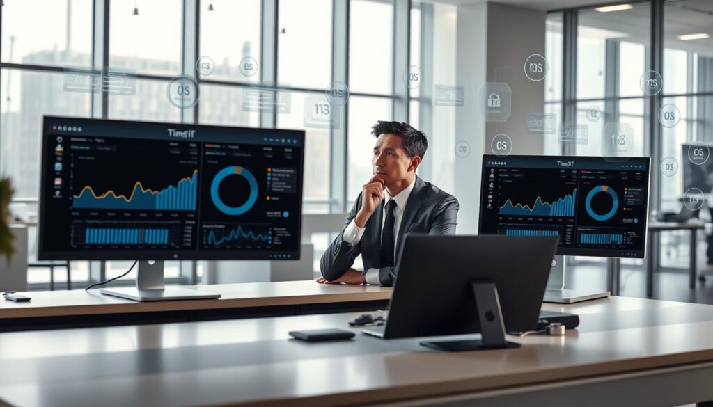 A futuristic workspace showcasing "time predictability" in computing management. In the foreground, a sleek desk with three monitors displaying synchronized dashboards of different operating systems, each with clear performance metrics and timelines. The middle features a thoughtful professional in business attire, analyzing data with a focused expression, surrounded by floating holographic displays representing various OS connections. The background shows a modern office setting with large windows letting in soft, natural light, emphasizing a clean and organized environment. The overall mood is one of clarity and control, suggesting a harmonious balance between technology and productivity, captured with a slightly elevated angle to create depth and perspective.