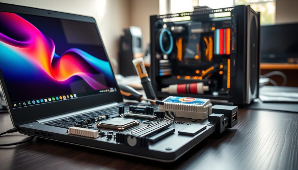 A modern laptop and desktop computer setup displaying various hardware components, prominently featuring the internals like a motherboard, CPU, RAM, and graphics card on the foreground. The laptop should be open, showing a colorful operating system interface, while the desktop is semi-transparent, revealing the components within. In the middle layer, place tools like a screwdriver and thermal paste, indicating a hardware testing environment. The background should feature a softly blurred workspace with natural light illuminating the scene, creating a professional atmosphere. Emphasize detail in the textures of the hardware and tools. The overall mood should convey technical precision and organization, suitable for hardware compatibility assessment. A modern laptop and desktop computer setup displaying various hardware components, prominently featuring the internals like a motherboard, CPU, RAM, and graphics card on the foreground. The laptop should be open, showing a colorful operating system interface, while the desktop is semi-transparent, revealing the components within. In the middle layer, place tools like a screwdriver and thermal paste, indicating a hardware testing environment. The background should feature a softly blurred workspace with natural light illuminating the scene, creating a professional atmosphere. Emphasize detail in the textures of the hardware and tools. The overall mood should convey technical precision and organization, suitable for hardware compatibility assessment.