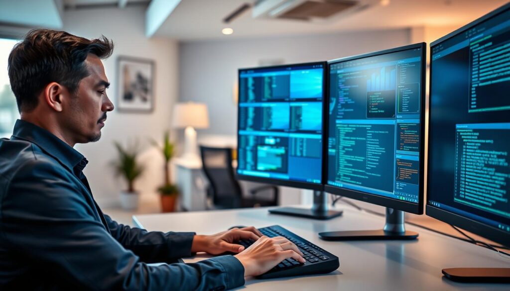 A modern office environment featuring a professional person in business attire, sitting at a sleek desk with multiple monitors displaying various remote desktop sessions. The foreground showcases the person intently typing on a keyboard, with a focused expression. In the middle ground, the monitors vividly illustrate different remote access interfaces, including a grid of virtual machines and SSH terminal windows, all glowing with soft blue and green hues. The background reveals a contemporary workspace with subtle elements like a plant and artwork, illuminated by natural light streaming through a window, creating a calm, efficient atmosphere. A shallow depth of field keeps the focus on the individual and their screens, emphasizing the importance of remote desktop technology in modern computing. A modern office environment featuring a professional person in business attire, sitting at a sleek desk with multiple monitors displaying various remote desktop sessions. The foreground showcases the person intently typing on a keyboard, with a focused expression. In the middle ground, the monitors vividly illustrate different remote access interfaces, including a grid of virtual machines and SSH terminal windows, all glowing with soft blue and green hues. The background reveals a contemporary workspace with subtle elements like a plant and artwork, illuminated by natural light streaming through a window, creating a calm, efficient atmosphere. A shallow depth of field keeps the focus on the individual and their screens, emphasizing the importance of remote desktop technology in modern computing.