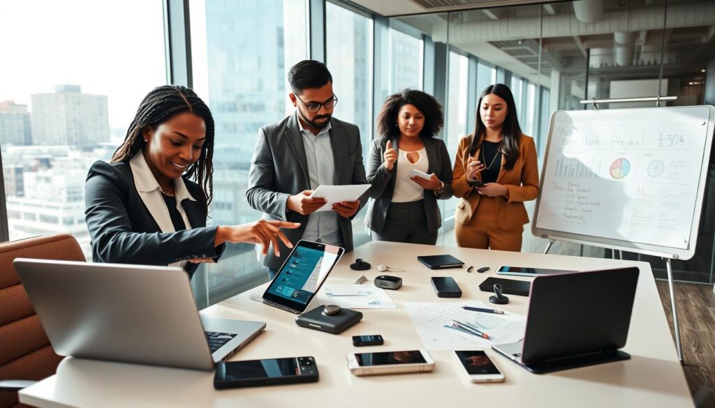 A modern office environment showcasing a diverse group of professionals deeply engaged in a collaborative discussion about technology choices. In the foreground, a Black woman in professional attire points at a laptop, displaying an intuitive user interface. Beside her, a South Asian man takes notes on a tablet, while a Hispanic woman gestures toward a digital whiteboard filled with graphs and statistics. In the middle ground, a sleek conference table is covered with various tech gadgets and documents highlighting pros and cons. The background features large windows with city views, allowing natural light to flood the space, creating a bright and optimistic atmosphere. The camera angle is slightly elevated, capturing both the individuals and their tech-focused conversation, conveying a sense of urgency and purpose in making informed decisions.