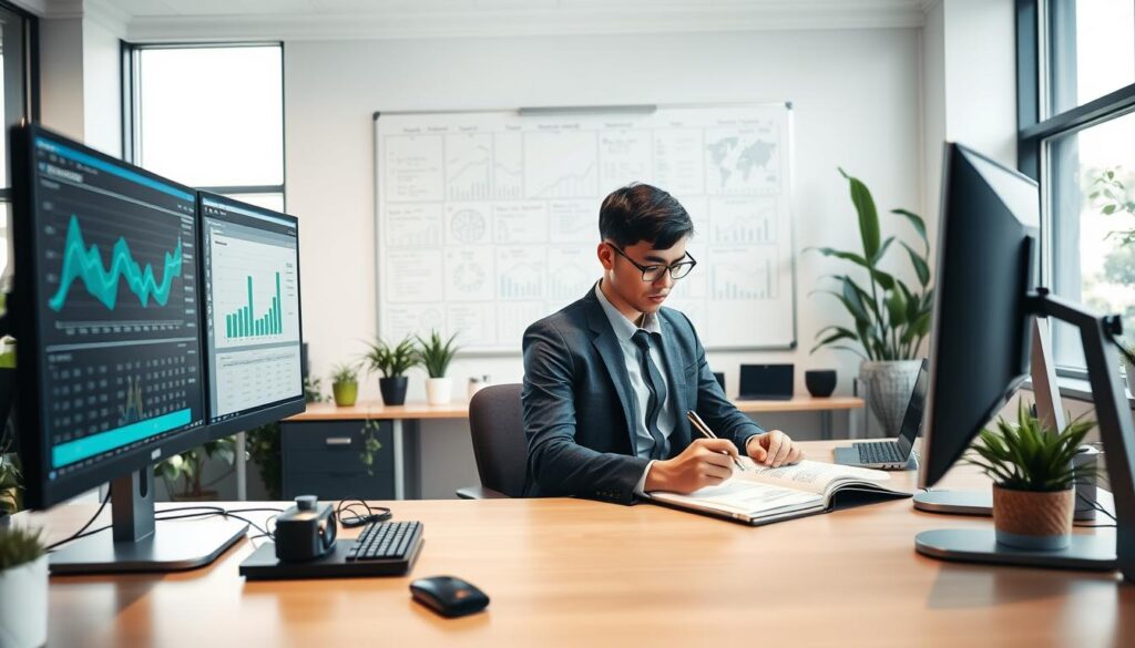A modern office workspace featuring a large, sleek desk with multiple computer monitors, displaying graphs and budgeting software. In the foreground, an individual in professional business attire, focused and jotting down notes in a planner, embodies concentration and foresight. The middle background showcases a whiteboard filled with detailed charts and long-term planning strategies. Soft, natural lighting filters in through large windows, creating a warm and productive atmosphere. The room is decorated with plants to enhance a fresh, inviting vibe, and there are various tech gadgets organized neatly on the desk. The camera angle is slightly elevated, capturing both the workspace and the person actively engaged in strategic planning, symbolizing the essence of long-term investment in computing setups. A modern office workspace featuring a large, sleek desk with multiple computer monitors, displaying graphs and budgeting software. In the foreground, an individual in professional business attire, focused and jotting down notes in a planner, embodies concentration and foresight. The middle background showcases a whiteboard filled with detailed charts and long-term planning strategies. Soft, natural lighting filters in through large windows, creating a warm and productive atmosphere. The room is decorated with plants to enhance a fresh, inviting vibe, and there are various tech gadgets organized neatly on the desk. The camera angle is slightly elevated, capturing both the workspace and the person actively engaged in strategic planning, symbolizing the essence of long-term investment in computing setups.