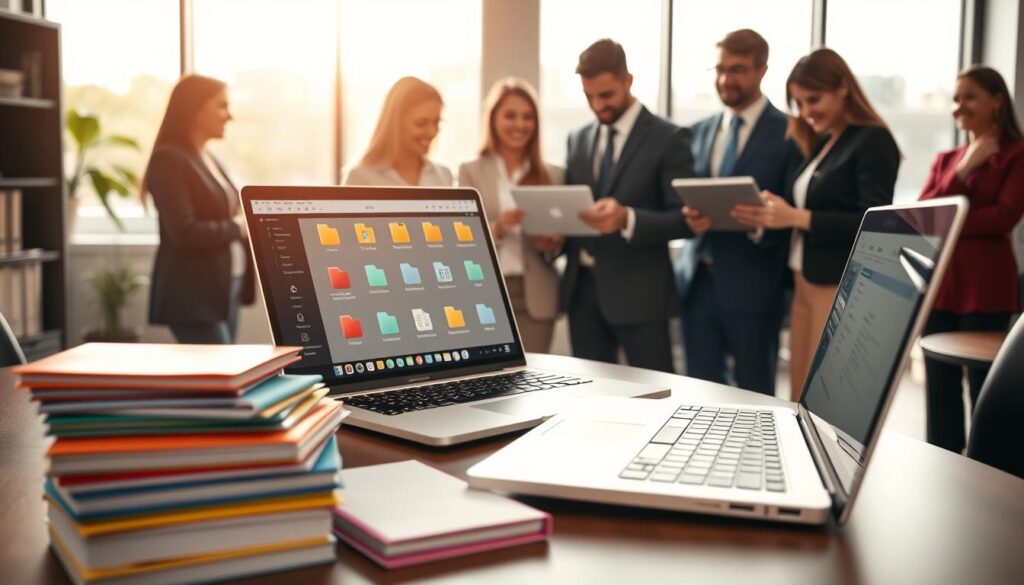 A modern office workspace featuring a sleek desk with a laptop open and displaying a file-sharing interface. In the foreground, there are organized stacks of colorful files and folders, indicative of efficient workflow. The middle ground showcases a diverse group of professionals in business attire, collaborating and smiling as they pass documents between a laptop and a tablet. The background includes a large window, allowing warm, natural light to flood the room, creating an inviting atmosphere. The angle is slightly elevated, providing a clear view of the collaborative activity and the vibrant office environment. The image conveys a sense of productivity, teamwork, and the seamless integration of technology in daily workflows. A modern office workspace featuring a sleek desk with a laptop open and displaying a file-sharing interface. In the foreground, there are organized stacks of colorful files and folders, indicative of efficient workflow. The middle ground showcases a diverse group of professionals in business attire, collaborating and smiling as they pass documents between a laptop and a tablet. The background includes a large window, allowing warm, natural light to flood the room, creating an inviting atmosphere. The angle is slightly elevated, providing a clear view of the collaborative activity and the vibrant office environment. The image conveys a sense of productivity, teamwork, and the seamless integration of technology in daily workflows.
