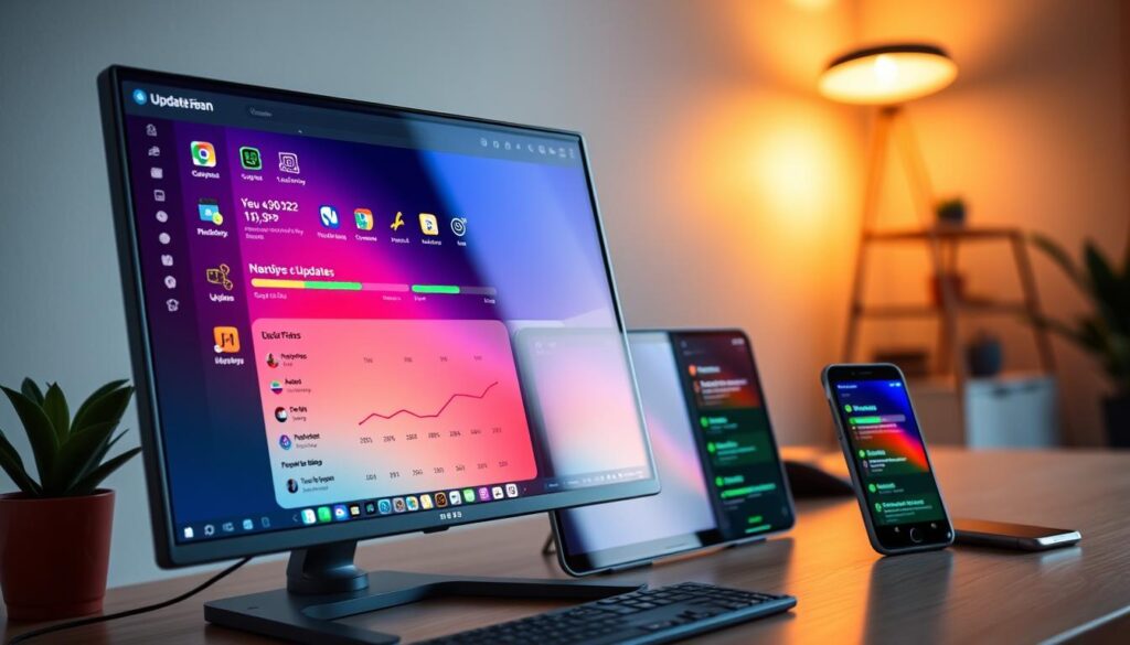 A modern, sleek computer desktop interface showcasing various "updater software" applications in vivid colors. In the foreground, a high-resolution monitor displays a user-friendly updater dashboard filled with colorful icons and progress bars representing different software updates. In the middle ground, a digital tablet and smartphone reflect synchronized update notifications, emphasizing control over updates. The background features a minimalist home office environment with warm ambient lighting, creating a serene atmosphere conducive to productivity. The angle is slightly angled for depth, capturing the essence of a tech-savvy workspace. The overall mood is empowering and organized, representing a user-centric approach to software management. A modern, sleek computer desktop interface showcasing various "updater software" applications in vivid colors. In the foreground, a high-resolution monitor displays a user-friendly updater dashboard filled with colorful icons and progress bars representing different software updates. In the middle ground, a digital tablet and smartphone reflect synchronized update notifications, emphasizing control over updates. The background features a minimalist home office environment with warm ambient lighting, creating a serene atmosphere conducive to productivity. The angle is slightly angled for depth, capturing the essence of a tech-savvy workspace. The overall mood is empowering and organized, representing a user-centric approach to software management.