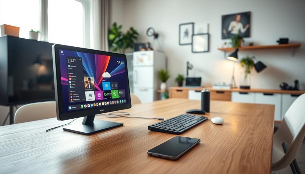 A modern, sleek home office environment depicting an operating system as an appliance, prominently featured in the foreground is a stylish, minimalist desktop computer with a vibrant interface resembling a user-friendly control panel. In the middle ground, a wood-grain desk is adorned with essential tech tools like a keyboard and a smartphone, all arranged harmoniously to suggest functionality and ease of use. The background reveals a well-organized room with soft lighting, emanating a warm and inviting atmosphere, enhanced by natural light streaming through a nearby window. Use a wide-angle lens perspective to emphasize depth and invite the viewer into the setting, creating a mood that conveys simplicity, reliability, and the idea of technology becoming as commonplace and useful as household appliances.