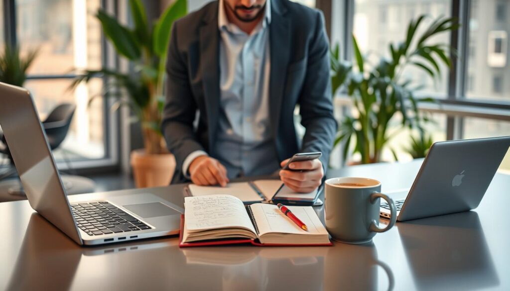 A modern workspace featuring a professional individual in smart casual attire, thoughtfully examining different technology devices on a sleek desk. The foreground showcases a laptop, tablet, and smartphone, all illuminated by soft, diffused lighting, highlighting their sleek designs. In the middle ground, an open notebook with handwritten notes and a coffee cup signify active decision-making. The background emphasizes a calming office environment with plants and large windows allowing natural light to flood in, enhancing productivity and tranquility. The composition should convey a sense of focus and wisdom in selecting the right technology, with a warm color palette that suggests a harmonious atmosphere for thoughtful choices. The image is captured with a slight tilt angle, adding depth and perspective.