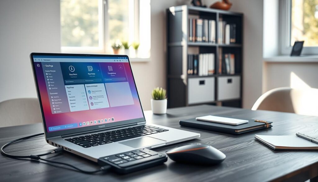 A modern workspace featuring a sleek computer setup dedicated to remote tools for managing virtual machines. In the foreground, a high-resolution laptop with a vibrant display shows a remote access dashboard, surrounded by ergonomic peripherals like a wireless mouse and keyboard. The middle ground includes a stylish office desk, adorned with a potted plant and a notebook, conveying productivity. In the background, a subtle bookshelf filled with technology books adds depth. Natural daylight pours through a window, creating soft shadows and a warm atmosphere. The image captures a sense of confidence and professionalism, ideal for illustrating advanced technological applications in modern work settings. A modern workspace featuring a sleek computer setup dedicated to remote tools for managing virtual machines. In the foreground, a high-resolution laptop with a vibrant display shows a remote access dashboard, surrounded by ergonomic peripherals like a wireless mouse and keyboard. The middle ground includes a stylish office desk, adorned with a potted plant and a notebook, conveying productivity. In the background, a subtle bookshelf filled with technology books adds depth. Natural daylight pours through a window, creating soft shadows and a warm atmosphere. The image captures a sense of confidence and professionalism, ideal for illustrating advanced technological applications in modern work settings.