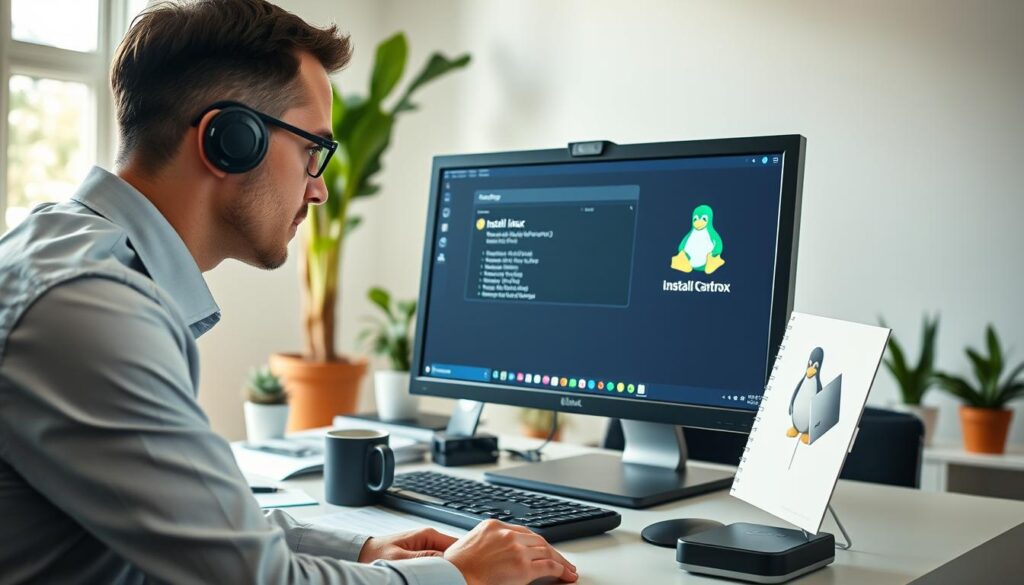 A modern workspace featuring a sleek computer setup running Linux. In the foreground, a focused individual in professional business attire is carefully installing Linux on their machine, demonstrating concentration and intent. The screen displays the installation progress, with vivid graphical indicators. In the middle ground, a desk cluttered with tech accessories like external drives, manuals, and a coffee mug reflects a tech-savvy environment. The background shows a bright, well-lit room with potted plants and a window letting in natural light, creating an atmosphere of productivity and calm. The composition should be shot at a slight angle to capture both the subject and the computer screen prominently. The overall mood conveys emphasis on efficiency and safety in technology use, ideal for power users. A modern workspace featuring a sleek computer setup running Linux. In the foreground, a focused individual in professional business attire is carefully installing Linux on their machine, demonstrating concentration and intent. The screen displays the installation progress, with vivid graphical indicators. In the middle ground, a desk cluttered with tech accessories like external drives, manuals, and a coffee mug reflects a tech-savvy environment. The background shows a bright, well-lit room with potted plants and a window letting in natural light, creating an atmosphere of productivity and calm. The composition should be shot at a slight angle to capture both the subject and the computer screen prominently. The overall mood conveys emphasis on efficiency and safety in technology use, ideal for power users.