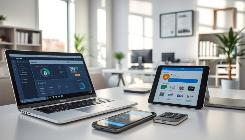 A modern workspace featuring multiple devices set in a clean, well-organized office environment. In the foreground, a sleek laptop open with a security dashboard displayed on the screen, alongside a tablet showing segmented work and personal applications. A smartphone rests nearby, displaying a secure browsing interface. In the middle ground, a contemporary desk with various devices indicates a dynamic digital ecosystem. Soft, natural lighting filters through a nearby window, casting gentle shadows, enhancing the professional atmosphere. The background includes a well-stocked bookshelf and framed certificates, highlighting a commitment to security. The overall mood is focused and efficient, demonstrating the importance of device separation in maintaining computer security across various environments. A modern workspace featuring multiple devices set in a clean, well-organized office environment. In the foreground, a sleek laptop open with a security dashboard displayed on the screen, alongside a tablet showing segmented work and personal applications. A smartphone rests nearby, displaying a secure browsing interface. In the middle ground, a contemporary desk with various devices indicates a dynamic digital ecosystem. Soft, natural lighting filters through a nearby window, casting gentle shadows, enhancing the professional atmosphere. The background includes a well-stocked bookshelf and framed certificates, highlighting a commitment to security. The overall mood is focused and efficient, demonstrating the importance of device separation in maintaining computer security across various environments.