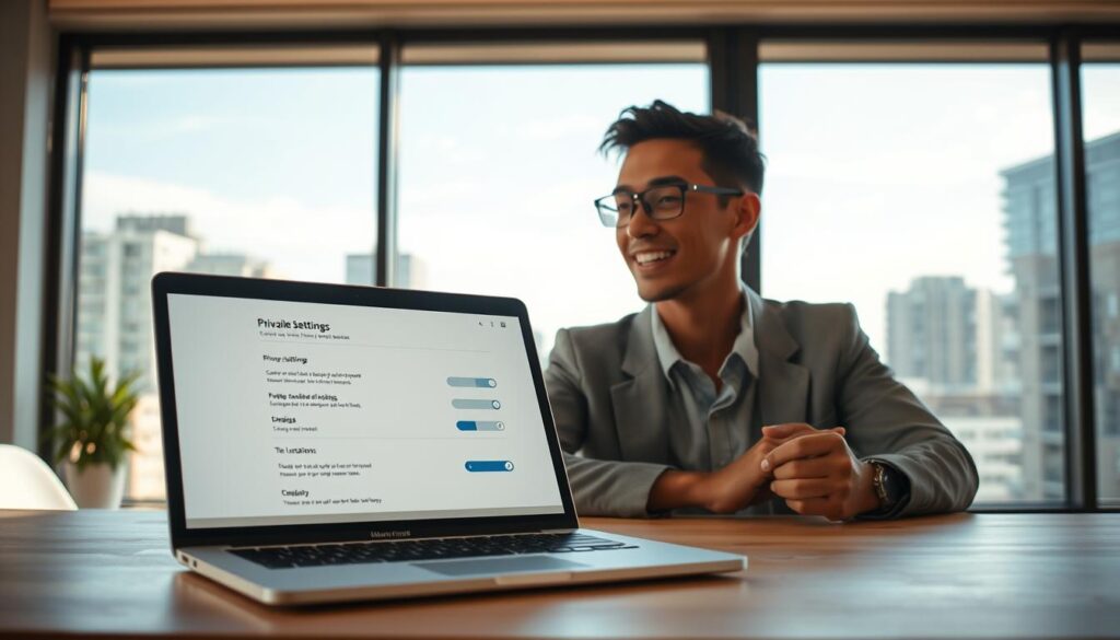 A modern workspace reflecting the concept of "resetting location privacy." In the foreground, a sleek laptop is open, displaying a user-friendly interface showing location settings. The middle ground features a professional individual in modest business attire, attentively reviewing the privacy options. Their expression is focused yet relieved, symbolizing empowerment and control. In the background, a large window reveals a serene urban landscape, with buildings and a soft blue sky, suggesting openness and clarity. Natural sunlight streams through, casting comforting shadows across the workspace. The overall atmosphere is calm and motivational, perfectly capturing the essence of regaining control over personal data and privacy. The image should be well-composed, emphasizing balance and clarity in focus.