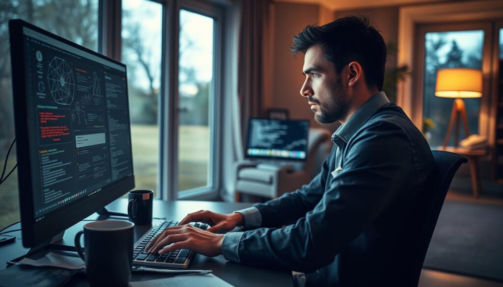 A person sitting at a desk in a modern home office, their expression conveying a mix of anxiety and frustration. In the foreground, the individual, dressed in smart casual attire, is staring at a computer screen filled with complex network diagrams and error messages, fingers hovering over the keyboard. The middle ground features scattered papers and a coffee mug, representing the chaotic state of their mind. In the background, large windows reveal a blurred outdoor scene, contrasting the indoor tension. The lighting is dim, with a soft desk lamp casting a warm glow, emphasizing the isolation and pressure felt in this remote working environment. The overall atmosphere is tense and introspective, capturing the essence of remote access anxiety. A person sitting at a desk in a modern home office, their expression conveying a mix of anxiety and frustration. In the foreground, the individual, dressed in smart casual attire, is staring at a computer screen filled with complex network diagrams and error messages, fingers hovering over the keyboard. The middle ground features scattered papers and a coffee mug, representing the chaotic state of their mind. In the background, large windows reveal a blurred outdoor scene, contrasting the indoor tension. The lighting is dim, with a soft desk lamp casting a warm glow, emphasizing the isolation and pressure felt in this remote working environment. The overall atmosphere is tense and introspective, capturing the essence of remote access anxiety.