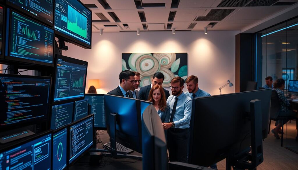 A professional IT support environment showcasing a "support stack" concept. In the foreground, display a stack of multiple computer monitors, each displaying different technical interfaces, graphs, and Linux code snippets, illuminated by soft blue and green lighting to create a tech-savvy ambiance. In the middle, include a diverse group of individuals in business attire, collaborating over the monitors, their expressions focused and engaged. Capture their interactions to emphasize teamwork and efficiency. In the background, illustrate a sleek modern office space with abstract art and high-tech elements, bathed in warm ambient lighting. The mood is vibrant yet professional, reflecting a dynamic atmosphere of speed and resilience in Linux support operations.