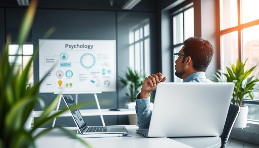 A serene office environment illustrating the concept of "psychology" in relation to security. In the foreground, a thoughtful individual in professional business attire is seated at a modern desk, gazing thoughtfully at a laptop with security visuals displayed. The middle ground features a whiteboard with colorful diagrams of psychological concepts and security strategies, while soft green plants add a calming touch. The background shows large windows with natural light streaming in, creating a warm and inviting atmosphere. Use a shallow depth of field to keep the focus on the individual and the whiteboard. The mood should be contemplative and inspiring, reflecting a recovery mindset with hues of blue and green to evoke tranquility and security.
