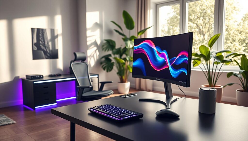 A sleek and modern computer setup designed for the future, situated in a well-lit, spacious home office. In the foreground, a cutting-edge curved monitor displays vibrant graphics, with a wireless custom keyboard and ergonomic mouse beside it. To the left, a minimalist desk with a futuristic design is complemented by an ambient LED light strip along the edges. The middle ground features a stylish office chair with a comfortable design, while a large window in the background allows natural light to flow in, casting soft shadows across the room. Lush green plants are strategically placed to enhance the workspace's vitality. The overall mood is inspiring and forward-thinking, emphasizing innovation and productivity, captured from a slightly elevated angle to showcase the entire setup. The lighting is bright and inviting, with a warm ambiance. A sleek and modern computer setup designed for the future, situated in a well-lit, spacious home office. In the foreground, a cutting-edge curved monitor displays vibrant graphics, with a wireless custom keyboard and ergonomic mouse beside it. To the left, a minimalist desk with a futuristic design is complemented by an ambient LED light strip along the edges. The middle ground features a stylish office chair with a comfortable design, while a large window in the background allows natural light to flow in, casting soft shadows across the room. Lush green plants are strategically placed to enhance the workspace's vitality. The overall mood is inspiring and forward-thinking, emphasizing innovation and productivity, captured from a slightly elevated angle to showcase the entire setup. The lighting is bright and inviting, with a warm ambiance.