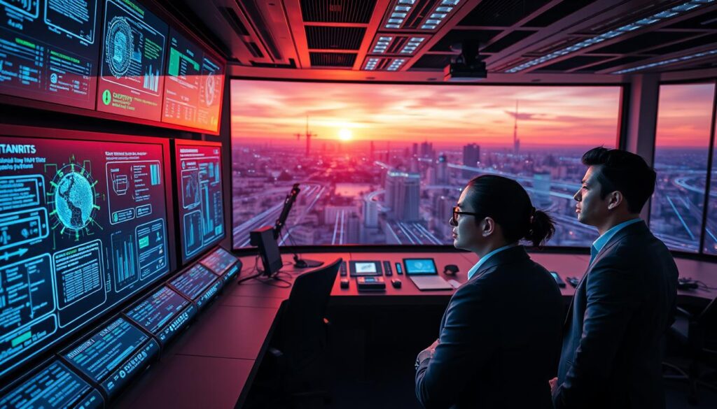 A sleek, futuristic control room focuses on a central containment hub designed for network protection, featuring illuminated screens displaying complex data and security protocols. In the foreground, a diverse team of professionals in business attire examines real-time visualizations of containment strategies, their expressions serious yet focused. The middle ground presents a high-tech array of surveillance devices and digital barriers, glimmering with blue and green lights, symbolizing security. The background reveals a panoramic view of a cityscape at dusk, where digital lines represent data traffic flowing securely amidst a vibrant sunset. The atmosphere is dynamic and decisive, illuminated by ambient lighting that emphasizes the cutting-edge technology, evoking a sense of urgency in safeguarding privacy. A sleek, futuristic control room focuses on a central containment hub designed for network protection, featuring illuminated screens displaying complex data and security protocols. In the foreground, a diverse team of professionals in business attire examines real-time visualizations of containment strategies, their expressions serious yet focused. The middle ground presents a high-tech array of surveillance devices and digital barriers, glimmering with blue and green lights, symbolizing security. The background reveals a panoramic view of a cityscape at dusk, where digital lines represent data traffic flowing securely amidst a vibrant sunset. The atmosphere is dynamic and decisive, illuminated by ambient lighting that emphasizes the cutting-edge technology, evoking a sense of urgency in safeguarding privacy.
