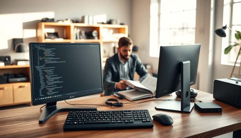 A sleek, modern workspace featuring a powerful Linux desktop setup as the focal point in the foreground. The desk is wooden and minimalist, with a high-resolution monitor displaying terminal windows and coding applications. A designer keyboard and mouse add a touch of elegance. In the middle ground, a focused professional in smart casual attire is seated, intently working on coding projects, surrounded by open books and digital devices. The background showcases a bright and airy office environment with shelves of tech gadgets and a large window letting in natural light, casting soft shadows across the room. The mood is one of concentration and innovation, reflecting a balance between productivity and creativity in the digital age. The angle is slightly elevated, highlighting the workspace and the details within it, evoking a sense of a tech-savvy daily driver experience with Linux. A sleek, modern workspace featuring a powerful Linux desktop setup as the focal point in the foreground. The desk is wooden and minimalist, with a high-resolution monitor displaying terminal windows and coding applications. A designer keyboard and mouse add a touch of elegance. In the middle ground, a focused professional in smart casual attire is seated, intently working on coding projects, surrounded by open books and digital devices. The background showcases a bright and airy office environment with shelves of tech gadgets and a large window letting in natural light, casting soft shadows across the room. The mood is one of concentration and innovation, reflecting a balance between productivity and creativity in the digital age. The angle is slightly elevated, highlighting the workspace and the details within it, evoking a sense of a tech-savvy daily driver experience with Linux.