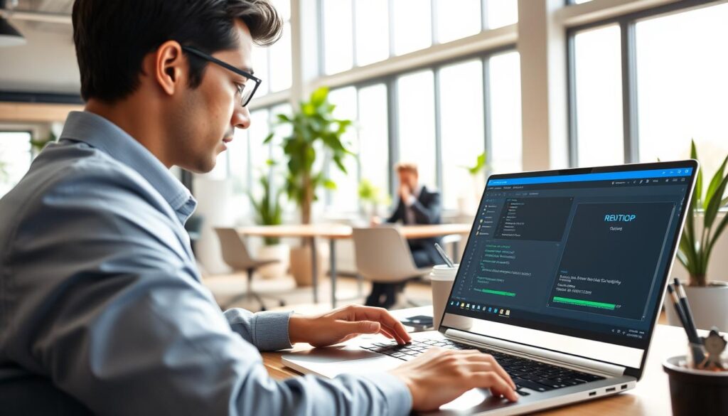 A sleek, modern workspace showcasing a computer with a vibrant desktop interface displaying various remote desktop applications like RDP, XRDP, and X2Go. In the foreground, a laptop with an open screen shows a clear connection to a virtual machine, with graphs and commands visible, epitomizing a seamless remote access experience. The middle ground features a smartly dressed professional using the laptop, absorbed in their task, with a focused expression. In the background, large windows reveal a sunny office environment filled with plants and minimalist furniture, creating a calm and productive atmosphere. Soft natural light illuminates the scene, enhancing the feeling of a low-stress computing environment, captured from a slightly elevated angle to emphasize the workspace layout. A sleek, modern workspace showcasing a computer with a vibrant desktop interface displaying various remote desktop applications like RDP, XRDP, and X2Go. In the foreground, a laptop with an open screen shows a clear connection to a virtual machine, with graphs and commands visible, epitomizing a seamless remote access experience. The middle ground features a smartly dressed professional using the laptop, absorbed in their task, with a focused expression. In the background, large windows reveal a sunny office environment filled with plants and minimalist furniture, creating a calm and productive atmosphere. Soft natural light illuminates the scene, enhancing the feeling of a low-stress computing environment, captured from a slightly elevated angle to emphasize the workspace layout.