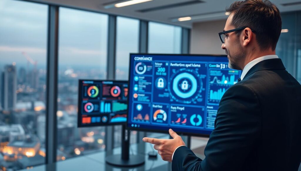 A sophisticated cybersecurity professional in a sleek, modern office environment, wearing a smart business suit, is examining a high-resolution digital display showcasing a complex, colorful network security dashboard. In the foreground, the individual's focused expression highlights the importance of compliance and security. The middle ground features multiple monitors displaying security protocols, encryption graphics, and risk assessments. At the rear, a window reveals a panoramic cityscape, suggesting a forward-thinking company. Soft, ambient lighting casts a professional glow, and a slight bokeh effect blurs the background to emphasize the subject. The overall mood is one of diligence and advanced technology, portraying a sense of security and knowledge in modern compliance practices.