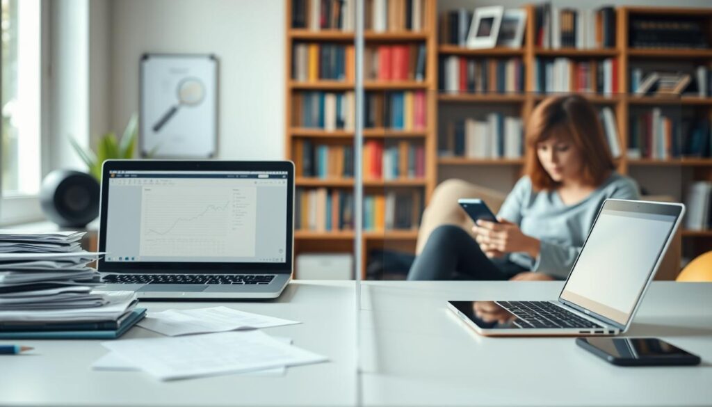 A split scene showcasing the separation between work and personal browsing to illustrate improved computer security. In the foreground, depict a modern desk with a sleek laptop displaying a professional business interface, surrounded by documents and notes in organized piles, indicating a focused work environment. On the opposite side, illustrate a cozy, casual setup with a smartphone and a tablet, showing leisure activities like social media and streaming. The middle ground features a transparent barrier, symbolizing the separation, softly lit with warm natural light to create a comfortable atmosphere. In the background, include a blurred bookshelf filled with tech books, hinting at knowledge and security practices. Aim for a balance of professionalism and relaxation, emphasizing how the division enhances privacy and security. A split scene showcasing the separation between work and personal browsing to illustrate improved computer security. In the foreground, depict a modern desk with a sleek laptop displaying a professional business interface, surrounded by documents and notes in organized piles, indicating a focused work environment. On the opposite side, illustrate a cozy, casual setup with a smartphone and a tablet, showing leisure activities like social media and streaming. The middle ground features a transparent barrier, symbolizing the separation, softly lit with warm natural light to create a comfortable atmosphere. In the background, include a blurred bookshelf filled with tech books, hinting at knowledge and security practices. Aim for a balance of professionalism and relaxation, emphasizing how the division enhances privacy and security.