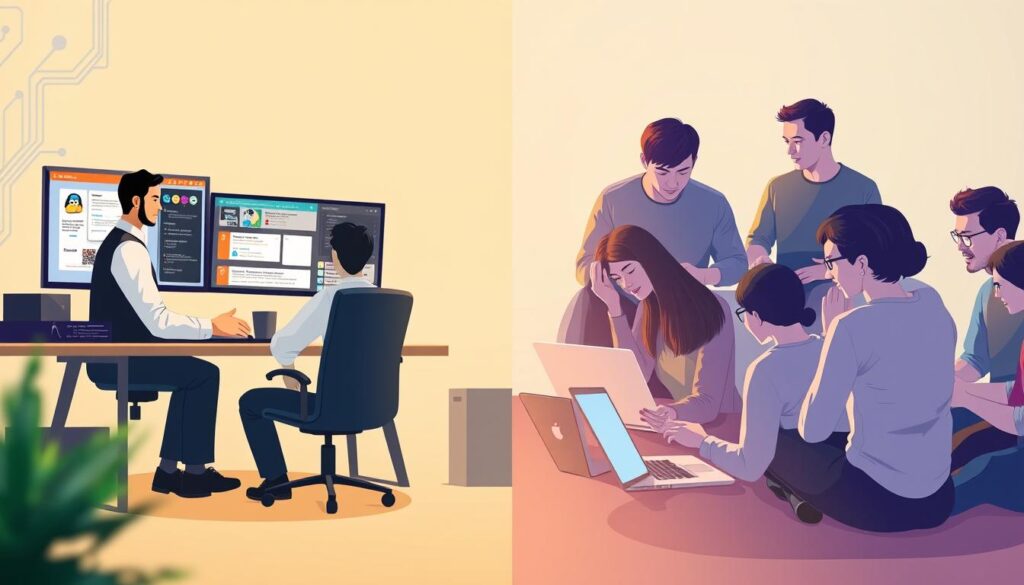A split-screen illustration showcasing operating system compatibility. On the left side, a professional Linux user in business attire sits at a modern desk with dual monitors displaying different Linux distributions, focused on troubleshooting support issues. On the right side, a casual group setting features community users, casually dressed, engaging in a lively discussion about Linux compatibility over laptops. The background includes a subtle gradient representing digital networks and circuits. Soft, warm lighting creates a collaborative atmosphere, while a slight depth of field blurs the background, enhancing the foreground activity. The overall mood conveys a contrast between structured, professional support and informal community-driven problem-solving.