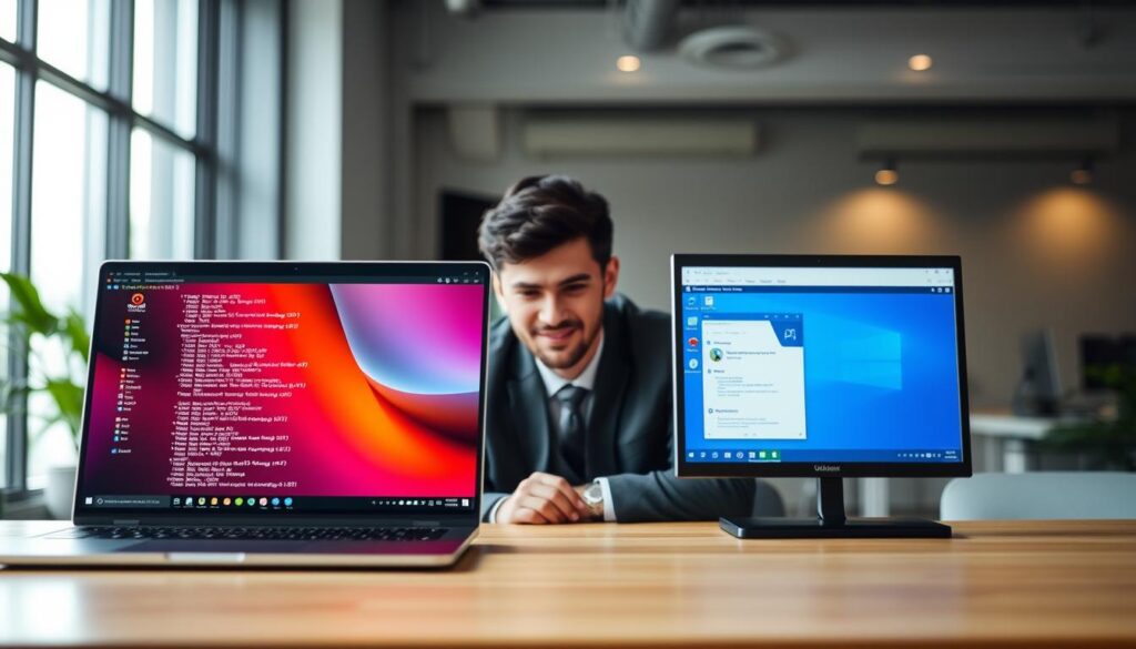 A split-screen workspace showcasing a Linux remote session on one side and a Windows remote tool on the other. In the foreground, a sleek laptop with a vibrant Ubuntu interface displays terminal commands, while the Windows side features a familiar remote desktop layout displaying icons and windows. The middle ground contains a professional individual dressed in smart casual attire, focused intently on the Linux screen, with a slight smile, highlighting the ease of access. The background is a modern office environment with subtle soft lighting, creating a calm atmosphere. The image captures the contrast between the two systems, emphasizing access and control, with a clear depth of field that draws attention to the screens. The overall mood is innovative and professional, illustrating the differences in remote support experiences.