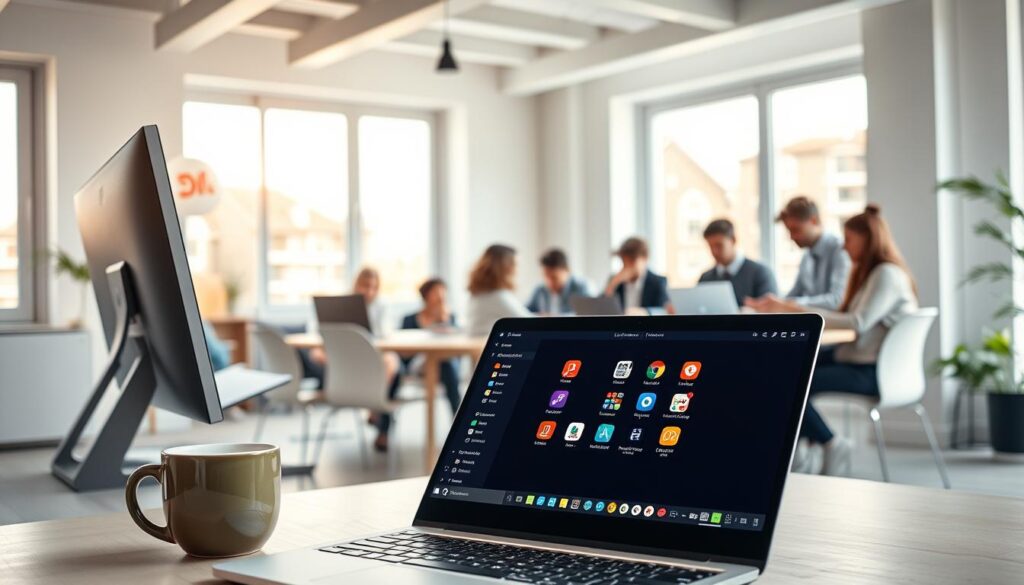 A vibrant, modern workspace featuring a sleek desktop monitor displaying a colorful interface of various new Linux distributions. In the foreground, an open laptop showcases the desktop environment of a popular beginner-friendly distro, with icons and a clean layout. A stylish coffee cup sits nearby, emphasizing a relaxed yet focused atmosphere. In the middle ground, a diverse group of people, dressed in smart casual attire, engages in discussion around the workspace, analyzing different Linux distros on their devices. The background shows a bright room with large windows letting in natural light, casting soft shadows and creating a welcoming ambiance. The overall mood is collaborative and encouraging, highlighting the excitement and accessibility of choosing a new Linux distribution.