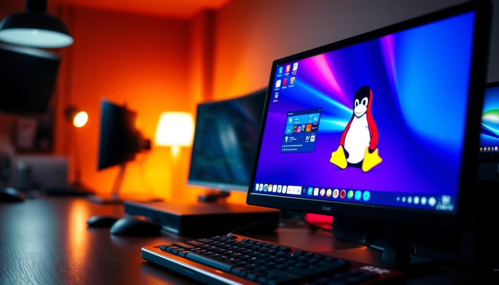 A visually captivating scene depicting the concept of dual booting. In the foreground, a sleek desktop computer monitor displays two operating systems side by side: one screen highlights a Windows interface adorned with familiar icons, while the other features a vibrant Linux desktop with unique elements. The middle ground features a well-organized workstation with a keyboard and mouse, suggesting productivity. In the background, ambient lighting casts a warm glow, emphasizing the contrast between the two operating systems. The mood is focused and tech-savvy, inviting viewers into a world of seamless workflow. A subtle lens blur enhances the depth of the scene, while the atmosphere conveys a sense of innovation and clarity, perfect for understanding the nuances of dual booting. A visually captivating scene depicting the concept of dual booting. In the foreground, a sleek desktop computer monitor displays two operating systems side by side: one screen highlights a Windows interface adorned with familiar icons, while the other features a vibrant Linux desktop with unique elements. The middle ground features a well-organized workstation with a keyboard and mouse, suggesting productivity. In the background, ambient lighting casts a warm glow, emphasizing the contrast between the two operating systems. The mood is focused and tech-savvy, inviting viewers into a world of seamless workflow. A subtle lens blur enhances the depth of the scene, while the atmosphere conveys a sense of innovation and clarity, perfect for understanding the nuances of dual booting.