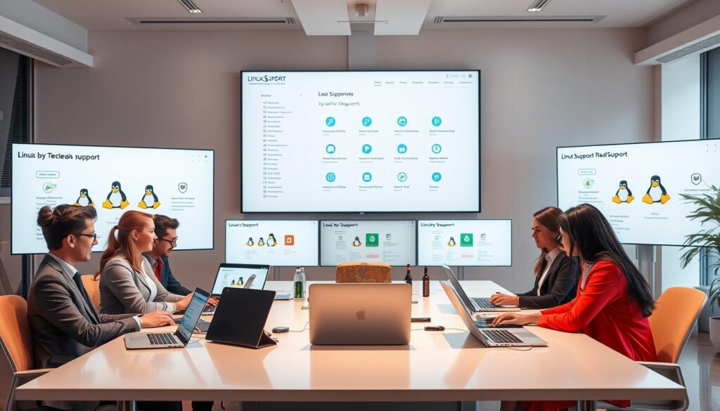 A visually engaging workspace showcasing various Linux support options. In the foreground, a diverse group of professional individuals, dressed in business attire, are actively discussing configurations around a sleek modern table. The middle layer features an array of devices, including laptops and tablets displaying Linux interface designs, alongside charts and diagrams illustrating support levels. In the background, a large screen shows a Linux support website, with icons representing various support services. Soft, warm lighting creates an inviting atmosphere, and a wide-angle view captures the collaborative energy of the scene, reflecting a sense of reliability and expertise in Linux support.