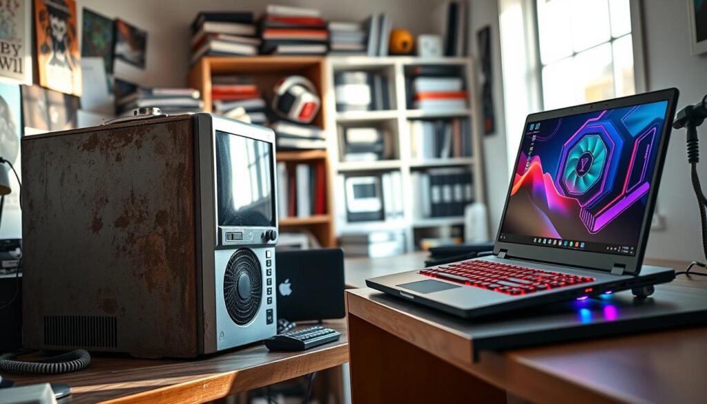 A visually striking comparison of performance hardware showcasing an older desktop PC on the left side and a sleek modern gaming laptop on the right. The older PC, with a dusty aluminum case, vintage peripherals, and a bulky CRT monitor, appears worn but reliable, positioned against a softly lit, cluttered desk environment. The modern laptop, featuring a thin profile and vibrant RGB keyboard, sits atop a minimalist futuristic desk, reflecting a bright, tech-savvy workspace. In the background, a blurred bookshelf filled with tech manuals and gadgets creates depth. Natural light filters through a nearby window, casting soft shadows, enhancing the contrast between the two setups. The mood evokes nostalgia for older technology while illustrating the advancements in hardware design and performance. A visually striking comparison of performance hardware showcasing an older desktop PC on the left side and a sleek modern gaming laptop on the right. The older PC, with a dusty aluminum case, vintage peripherals, and a bulky CRT monitor, appears worn but reliable, positioned against a softly lit, cluttered desk environment. The modern laptop, featuring a thin profile and vibrant RGB keyboard, sits atop a minimalist futuristic desk, reflecting a bright, tech-savvy workspace. In the background, a blurred bookshelf filled with tech manuals and gadgets creates depth. Natural light filters through a nearby window, casting soft shadows, enhancing the contrast between the two setups. The mood evokes nostalgia for older technology while illustrating the advancements in hardware design and performance.