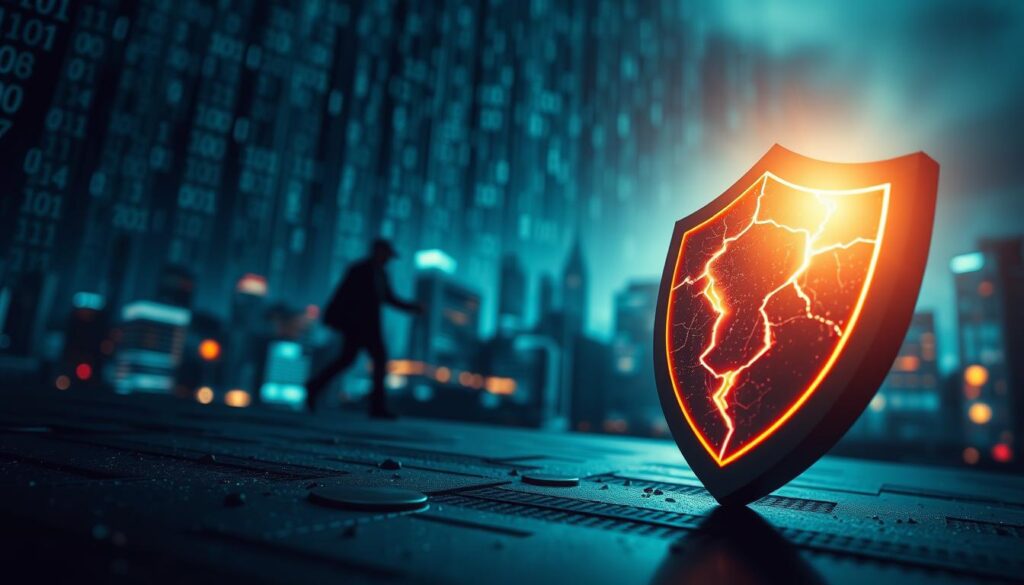 A visually striking concept of "security vulnerabilities" depicted through an abstract digital landscape. In the foreground, a fragmented shield representing a computer's defense, with cracks glaringly illuminated to symbolize weaknesses. In the middle ground, ominous shadows loom from undefined malicious entities, suggesting invisible threats lurking. The background features a blurred cityscape of binary code cascading like rain, creating a sense of chaos surrounding the concept of stability in computing. Use cool-toned lighting with a stark contrast to create a moody atmosphere, highlighting the tension between safety and vulnerability. A low-angle perspective captures the magnitude of the scene, emphasizing the lurking dangers of an "update-free" environment. A visually striking concept of "security vulnerabilities" depicted through an abstract digital landscape. In the foreground, a fragmented shield representing a computer's defense, with cracks glaringly illuminated to symbolize weaknesses. In the middle ground, ominous shadows loom from undefined malicious entities, suggesting invisible threats lurking. The background features a blurred cityscape of binary code cascading like rain, creating a sense of chaos surrounding the concept of stability in computing. Use cool-toned lighting with a stark contrast to create a moody atmosphere, highlighting the tension between safety and vulnerability. A low-angle perspective captures the magnitude of the scene, emphasizing the lurking dangers of an "update-free" environment.