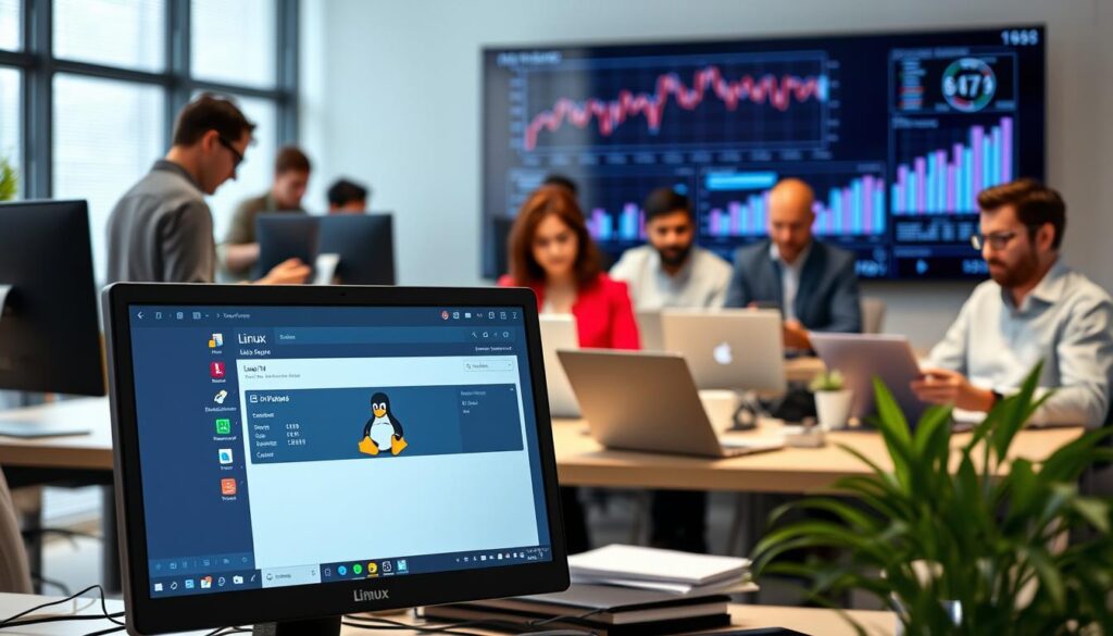 A visually striking, modern Linux virtual machine environment presented in an office setting. In the foreground, a sleek workstation displays a Linux distro GUI interface, featuring a clean, minimalistic design with vibrant colors and intuitive icons. In the middle ground, a diverse group of professionals in smart casual attire engage with their laptops, showcasing various tasks like coding, data analysis, and server monitoring. The background features a large digital screen with graphs and statistics, symbolizing optimization and performance monitoring in virtualization. Soft, ambient lighting creates a productive yet relaxed atmosphere, while a shallow depth of field emphasizes the foreground activity. The composition exudes a sense of focus, tech-savviness, and collaboration, ideal for highlighting the advantages of Linux distros in virtual machine contexts. A visually striking, modern Linux virtual machine environment presented in an office setting. In the foreground, a sleek workstation displays a Linux distro GUI interface, featuring a clean, minimalistic design with vibrant colors and intuitive icons. In the middle ground, a diverse group of professionals in smart casual attire engage with their laptops, showcasing various tasks like coding, data analysis, and server monitoring. The background features a large digital screen with graphs and statistics, symbolizing optimization and performance monitoring in virtualization. Soft, ambient lighting creates a productive yet relaxed atmosphere, while a shallow depth of field emphasizes the foreground activity. The composition exudes a sense of focus, tech-savviness, and collaboration, ideal for highlighting the advantages of Linux distros in virtual machine contexts.